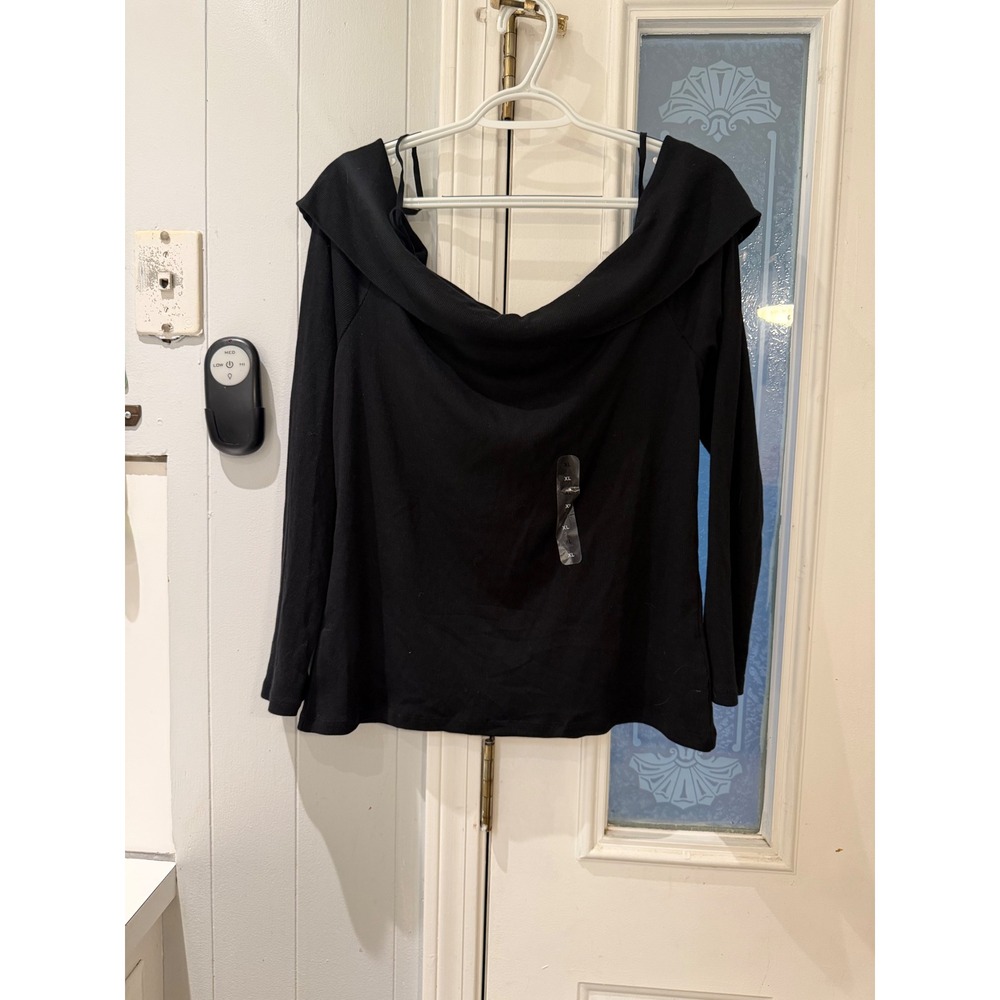 Gap Womens XL Black Ribbed Off The Shoulder Long Sleeve Top Fold Over Neck